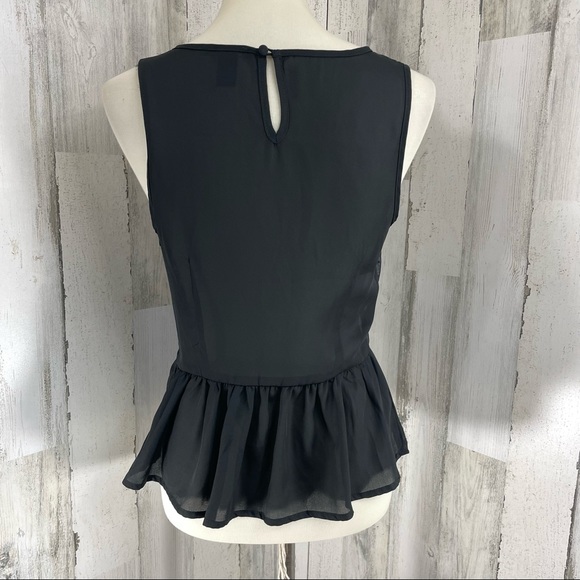 Forever 21 Black Sheer Mesh Embroidered Peplum Ruffle Sleeveless Blouse Top M - Picture 7 of 9